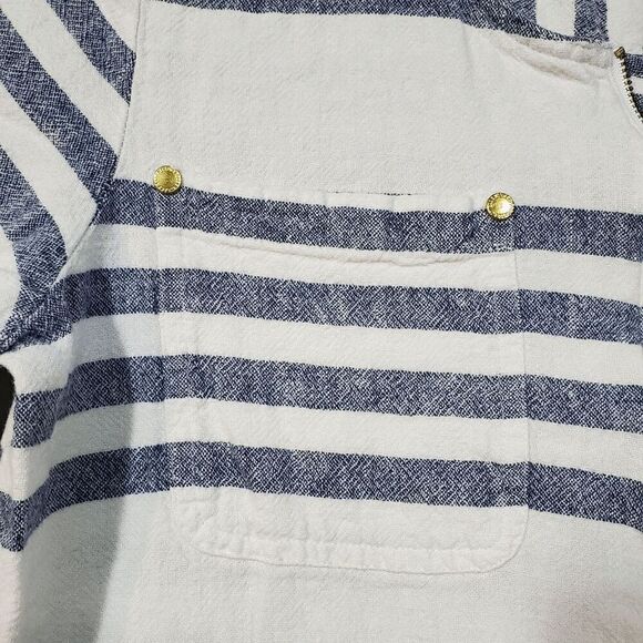Ellen Tracy Top Womens Medium White Blue Striped Linen Blend Roll Tunic 1/4 Zip - Picture 6 of 9